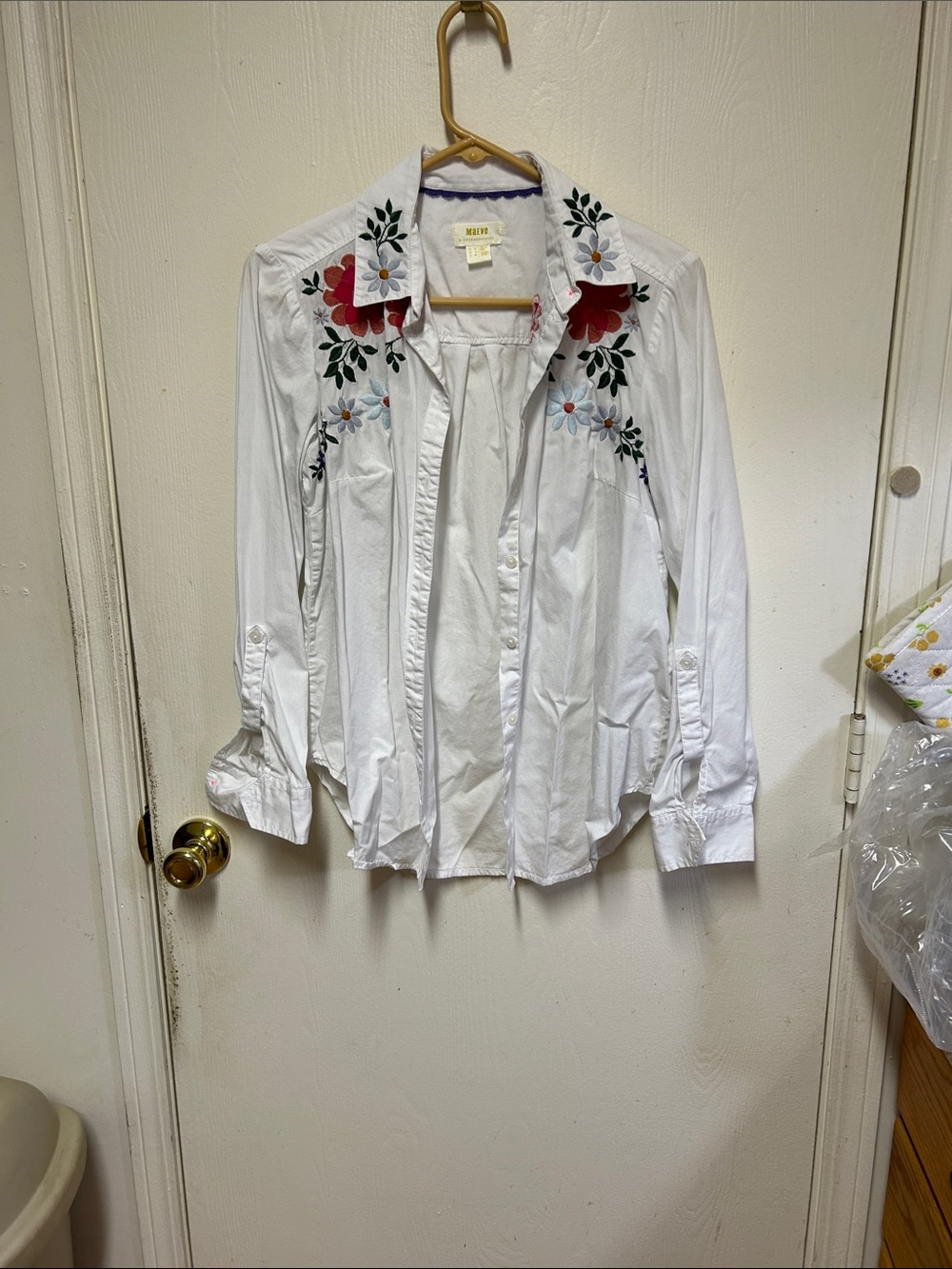 Anthropologie White Button-Down Shirt with Red and Blue Floral Embroidery